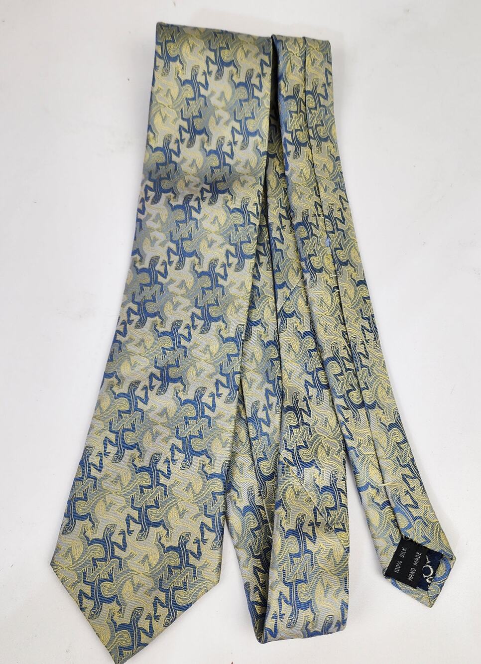 MC Escher 100% Silk Tie Handmade Blue and Gold Color Shifting Lizards Width 3.5"